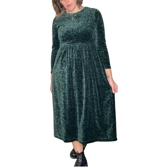 Vintage LL Bean 90s Velour Holly Print Midi Dress Green Holiday Christmas S/ M - Picture 2 of 15